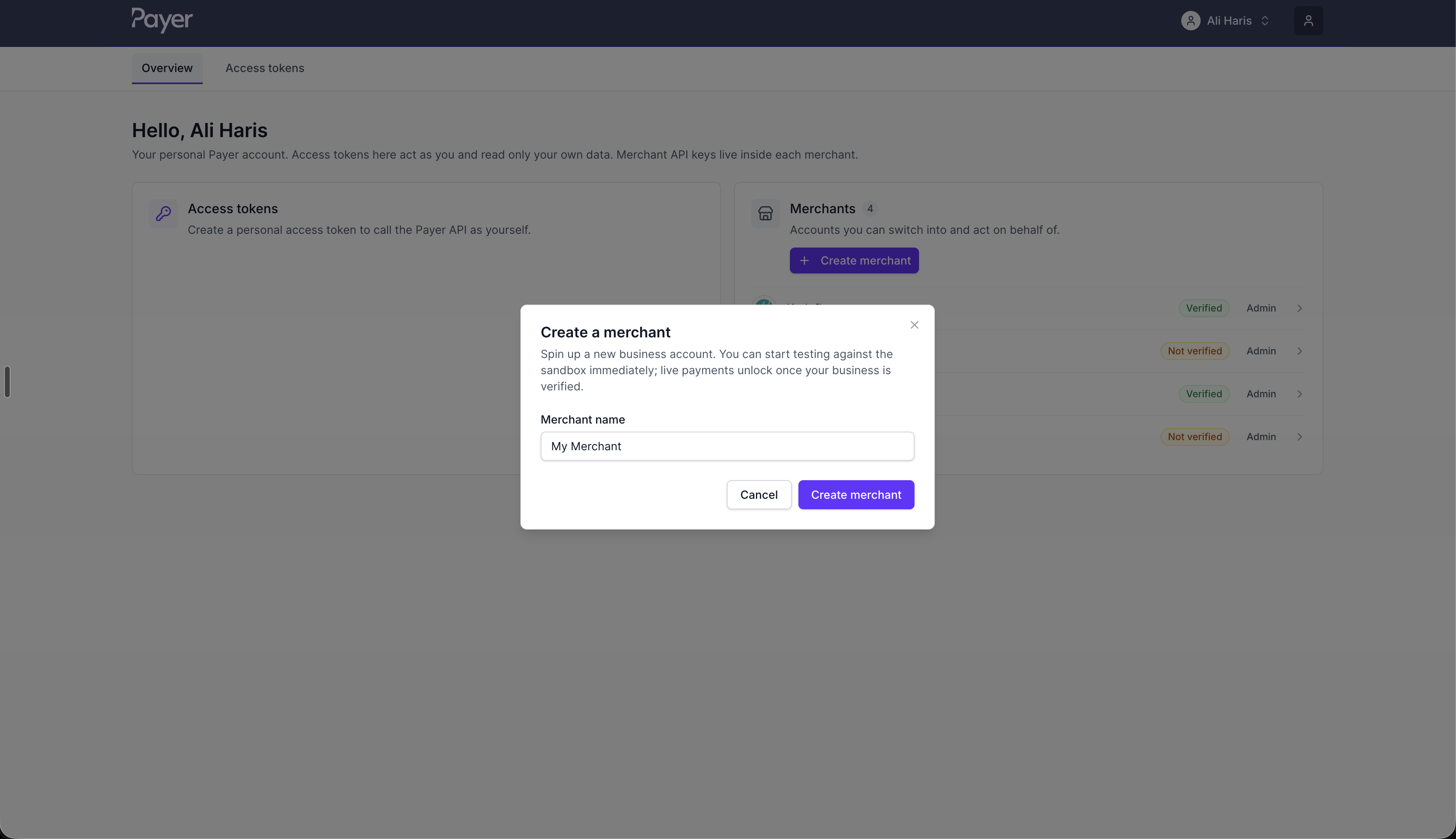 Payer - Create a Merchant